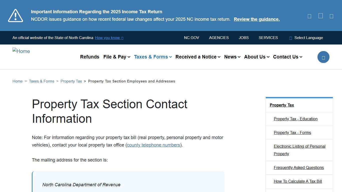 Property Tax Section Contact Information NCDOR